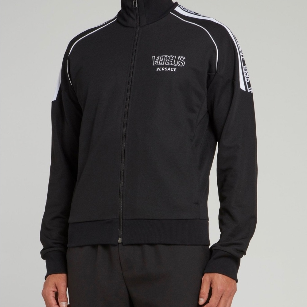 Versace Designer Black High Neck Full Zip Up Logo Knit Sweatshirt!